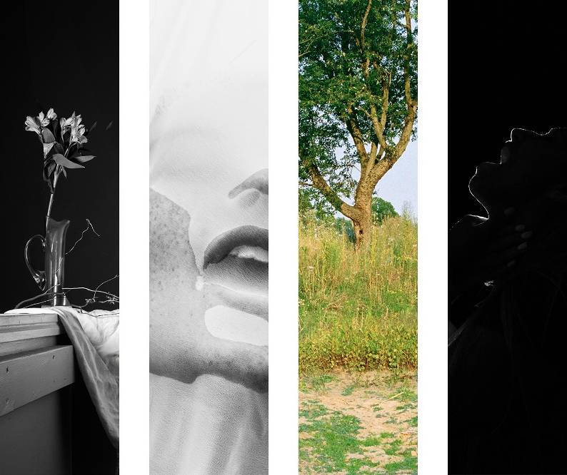 Four images of examples of artwork in the BFA Student Exhibition Breathing Space